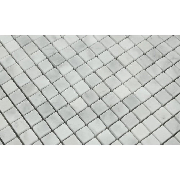 Close-up of Bianco Mare Marble Mosaic showing small 5/8 squares and gray veining