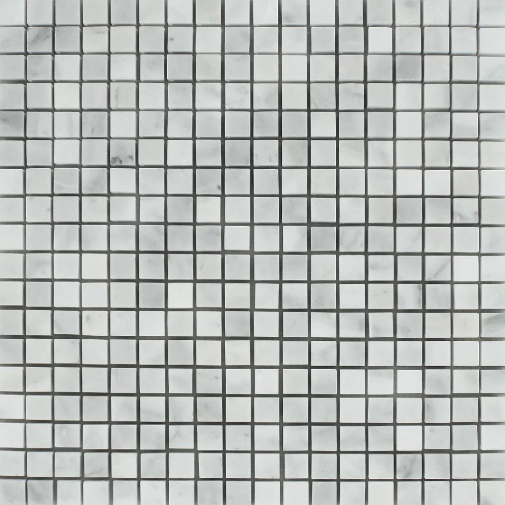 Flat view of Bianco Mare 5/8x5/8 Mosaic Tile in soft white marble