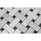 Close-up of polished Bianco Mare basketweave tile with black accents