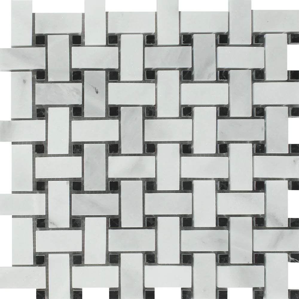 Flat view of Bianco Mare Basketweave Mosaic with Black Inserts, 12x12 sheet