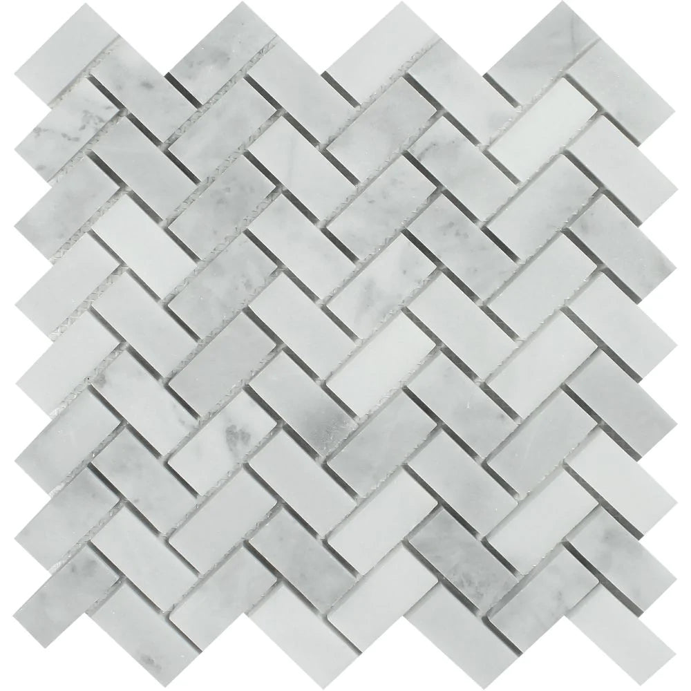 Flat view of Bianco Mare 1x2 Herringbone Mosaic Tile, 12x12 sheet