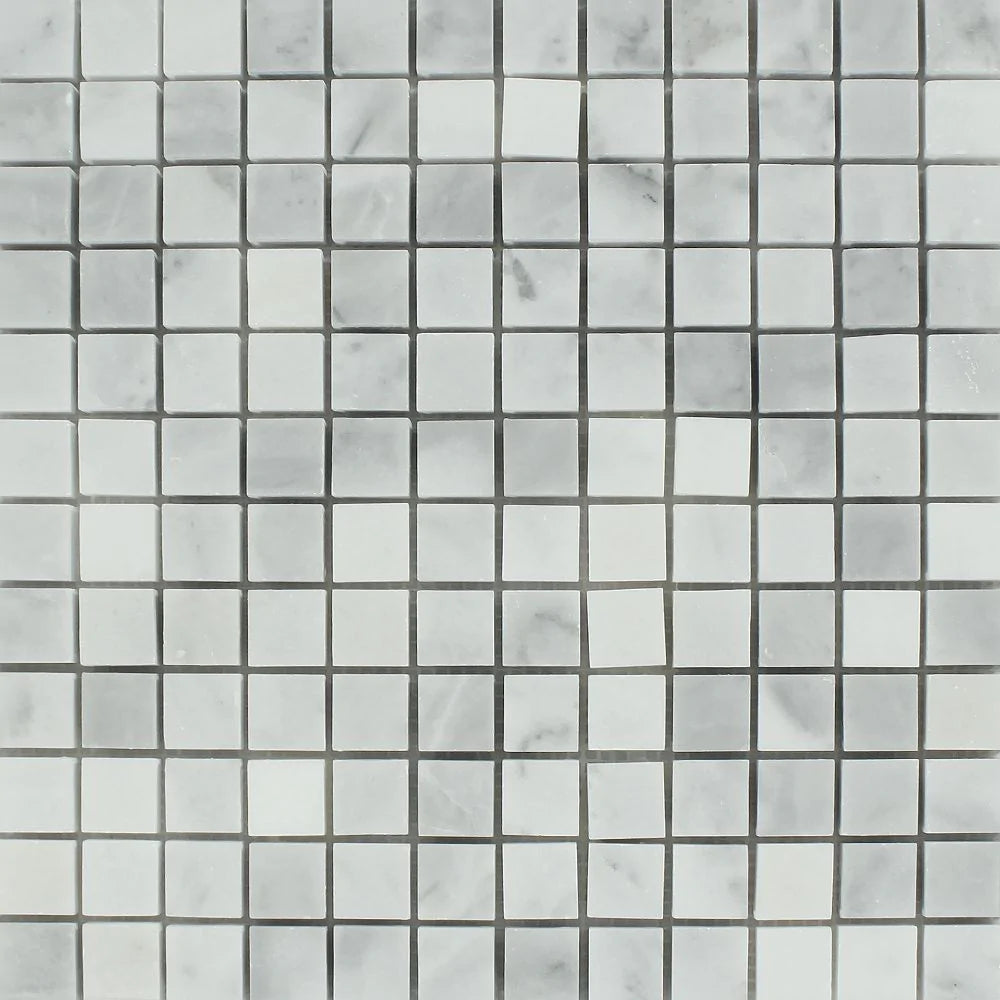 Flat view of Bianco Mare Marble 1x1 Mosaic Tile in polished finish, full sheet