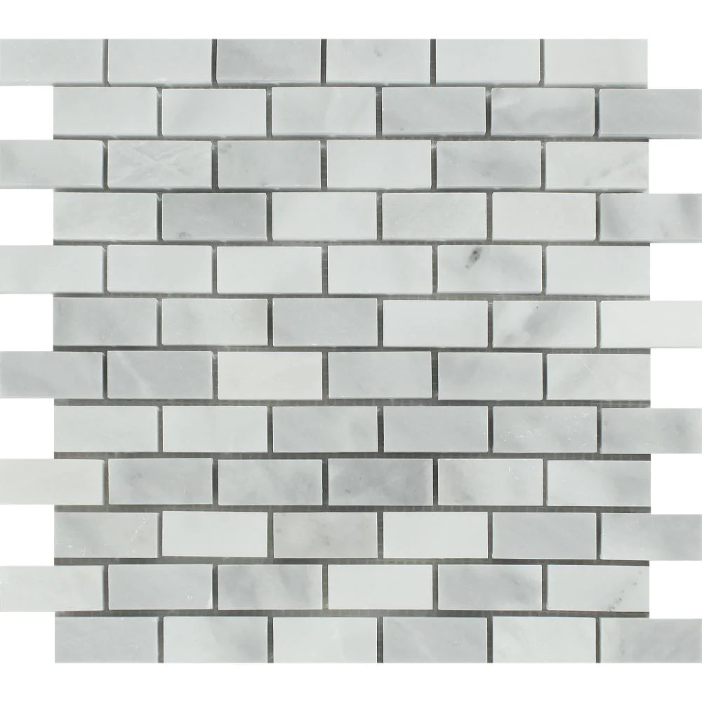  Flat view of Bianco Mare Marble 1x2 Mosaic Tile in polished finish, mesh-backed sheet