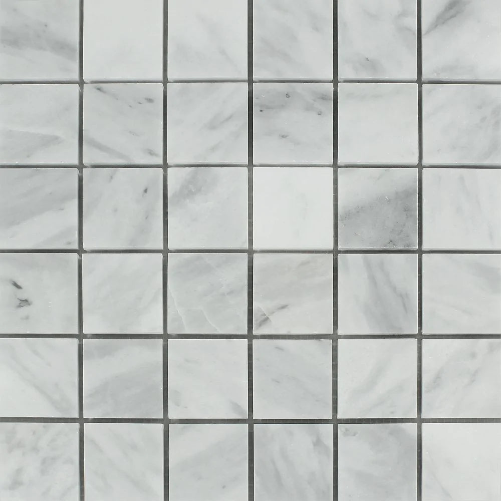 Flat view of Bianco Mare Marble 2x2 Mosaic Tile in polished finish, mesh-mounted