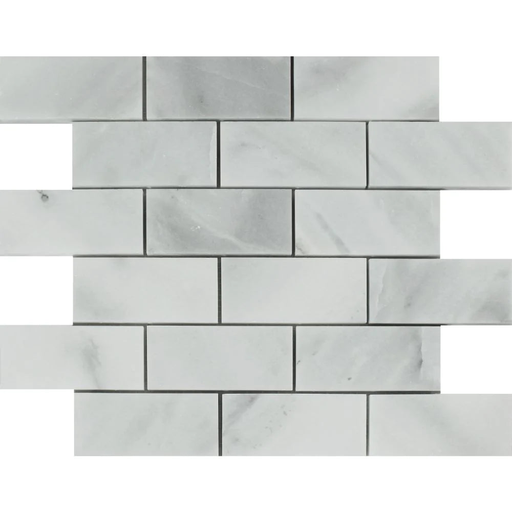 Flat view of Bianco Mare Marble 2x4 Mosaic Tile in polished finish, mesh-mounted