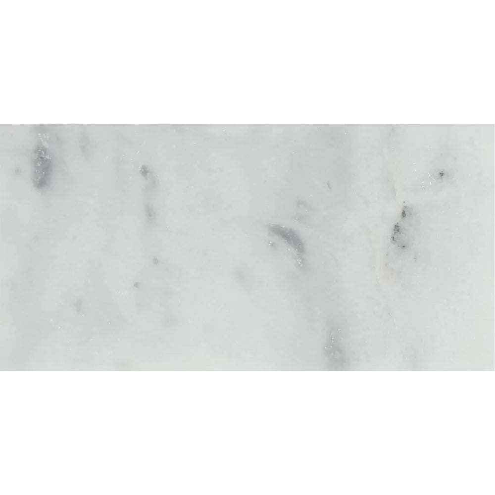 Close-up of Bianco Mare 3x6 marble tile showing subtle veining and polished surface