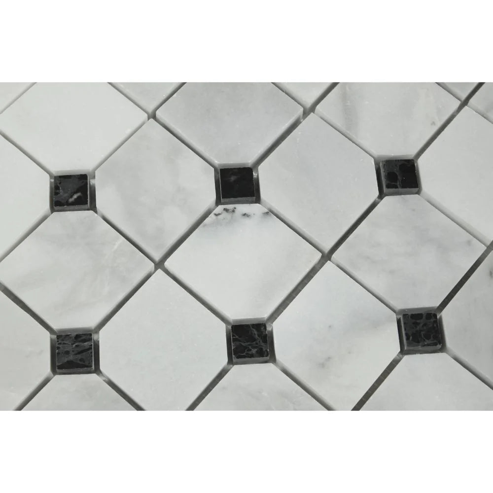 Flat view of Bianco Mare Octagon Mosaic Tile with Black Inserts, full 12x12 sheet