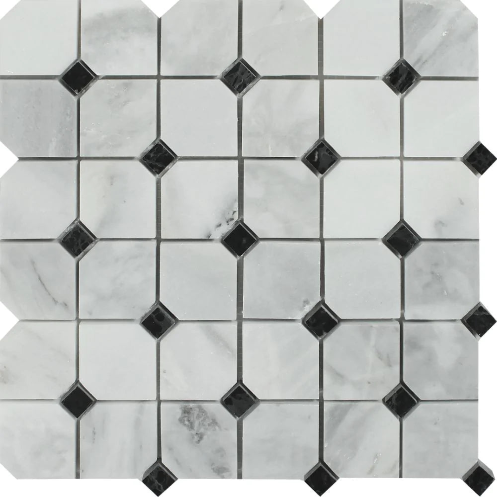 Flat view of Bianco Mare Octagon Mosaic Tile with Black Inserts, full 12x12 sheet
