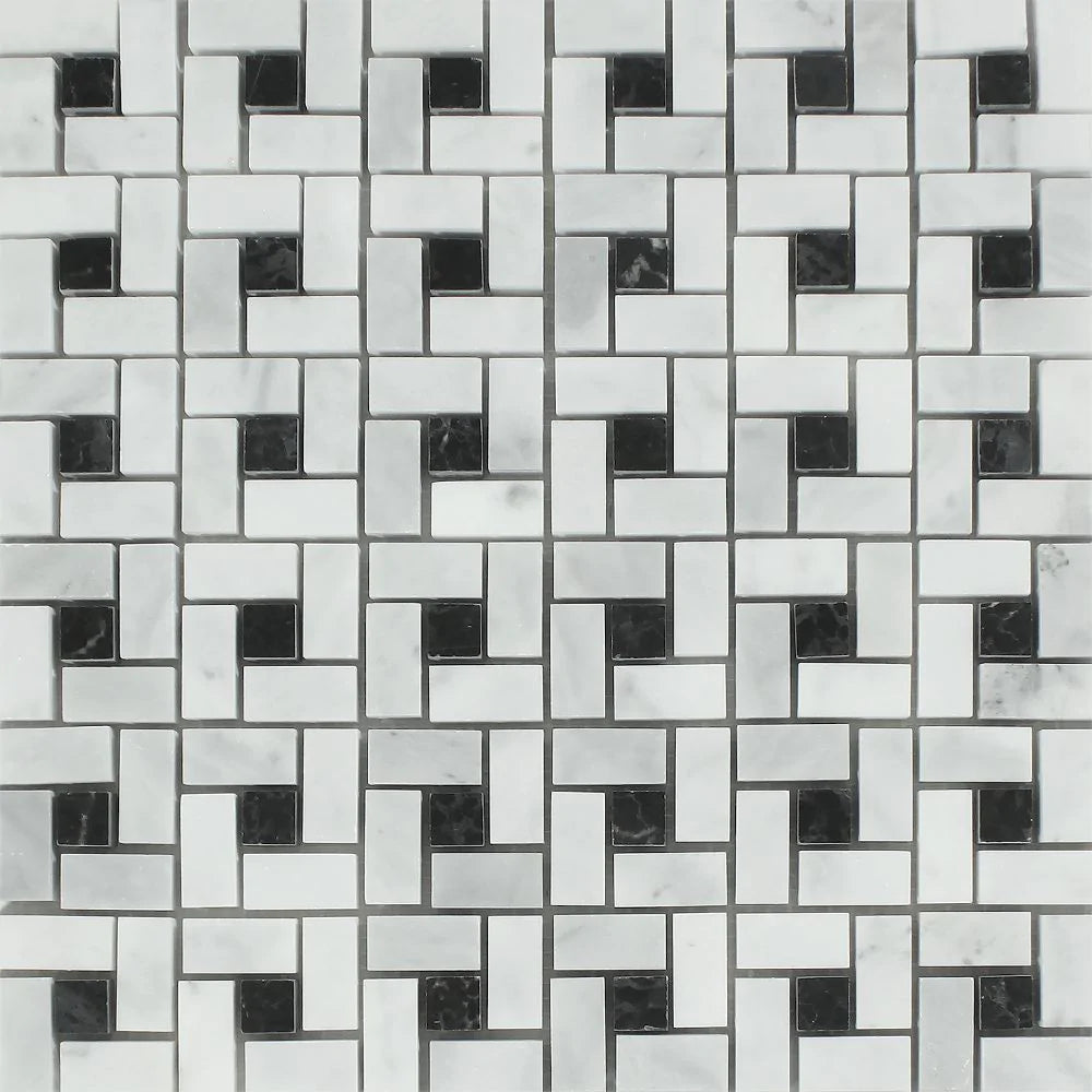Flat view of Bianco Mare Pinwheel Marble Mosaic with Black Inserts, 12x12 sheet