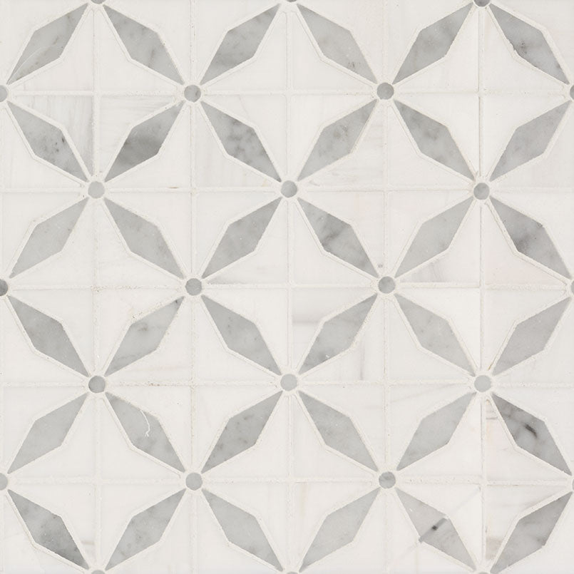 Flat lay view of Bianco Starlight waterjet mosaic tile in white and gray polished marble with star pattern