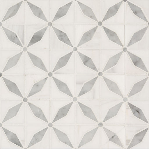 Flat lay view of Bianco Starlight waterjet mosaic tile in white and gray polished marble with star pattern