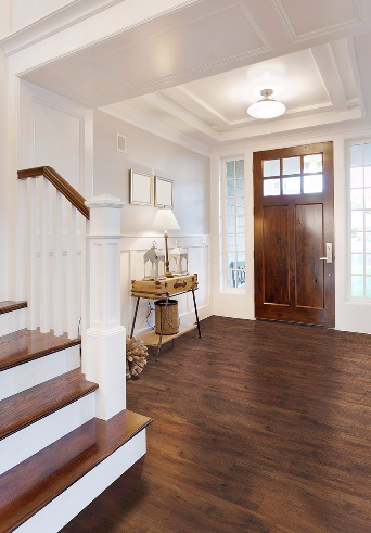 Close-up detail of Braly vinyl plank surface with dark wood grain and smooth texture