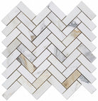 Flat view of Calacatta Gold 1x3 Herringbone Tile in polished finish on mesh sheet