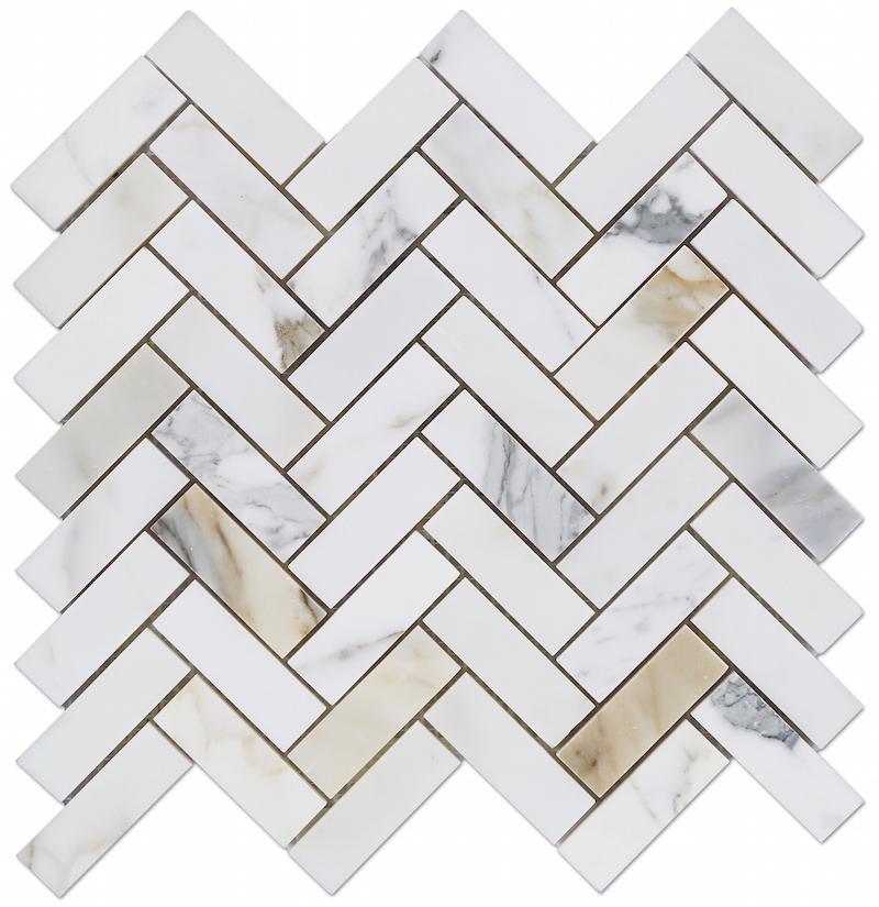 Flat view of Calacatta Gold 1x3 Herringbone Tile in polished finish on mesh sheet
