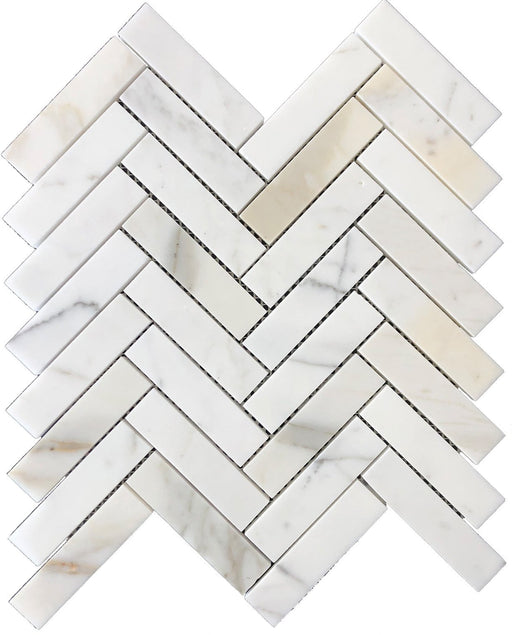 Flat view of Calacatta Gold Herringbone Tile in polished finish, 1x4 marble on mesh-backed sheet