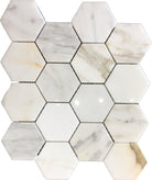 Flat view of Calacatta Gold 3-inch hexagon marble tile in polished finish on mesh backing