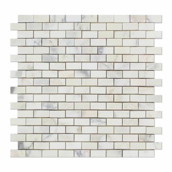 Flat view of Calacatta Gold Baby Brick Mosaic in polished finish, 5/8" x 1"