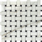 Flat view of Calacatta Gold Basketweave with Black Dots, 12x12 mosaic tile sheet