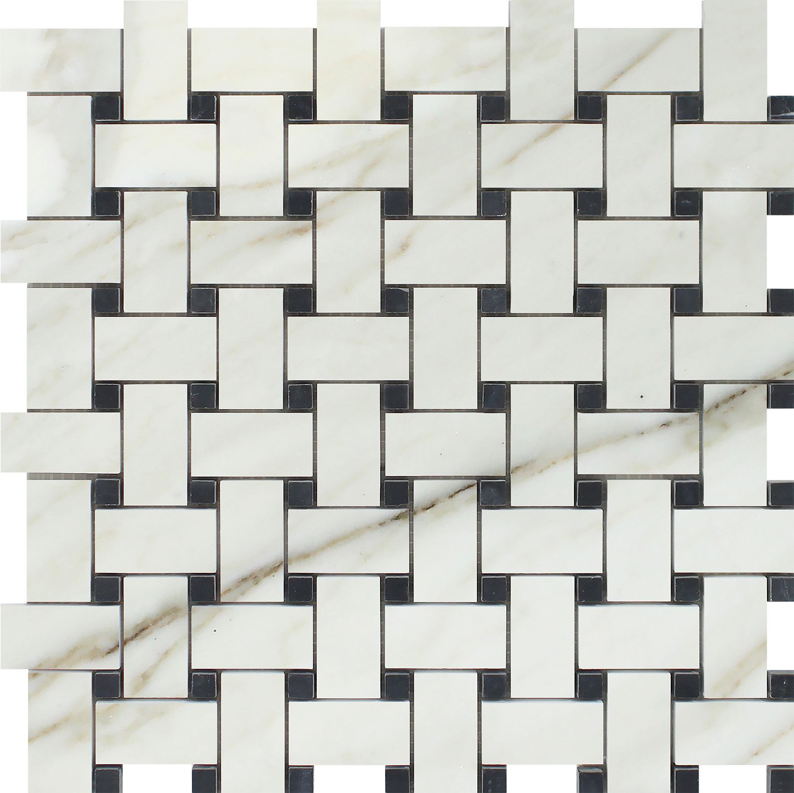 Flat view of Calacatta Gold Basketweave with Black Dots, 12x12 mosaic tile sheet
