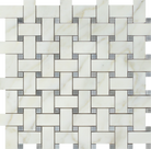 Flat view of Calacatta Gold Basketweave Mosaic with Blue Dots, 12x12 tile sheet