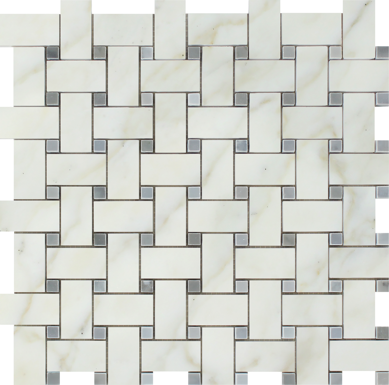 Flat view of Calacatta Gold Basketweave Mosaic with Blue Dots, 12x12 tile sheet