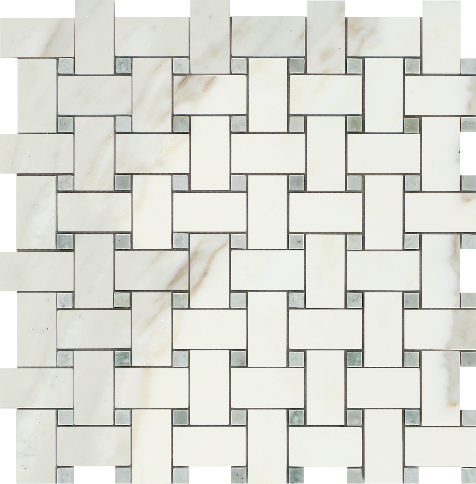 Flat view of Calacatta Gold Basketweave Mosaic with Green Dots, 12x12 tile sheet