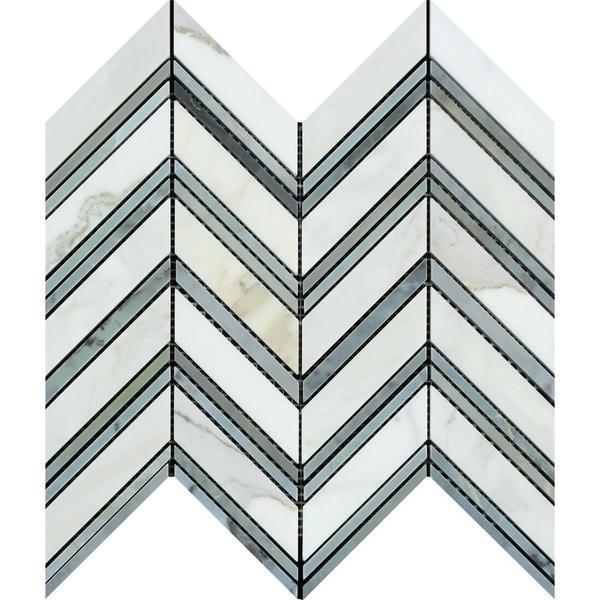 Flat view of Calacatta Gold Chevron Blue Mosaic tile in polished finish