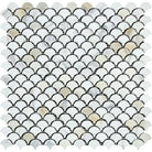 Flat view of Calacatta Gold Fish Scale Mosaic tile, polished finish
