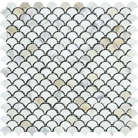 Flat view of Calacatta Gold Fish Scale Mosaic tile, polished finish