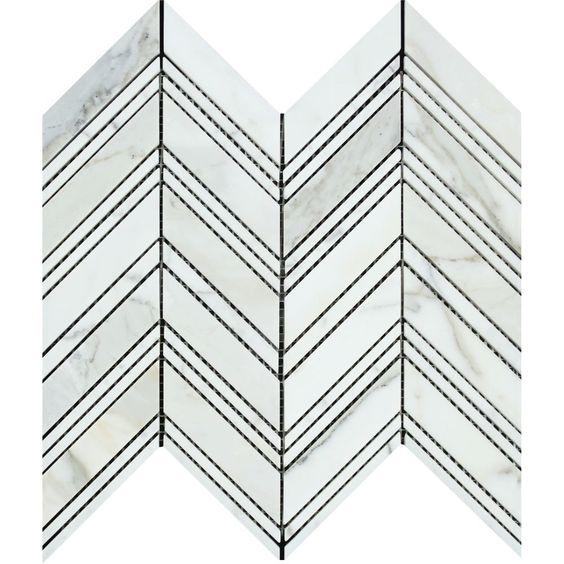 Flat view of Calacatta Gold Large Chevron mosaic tile in polished finish