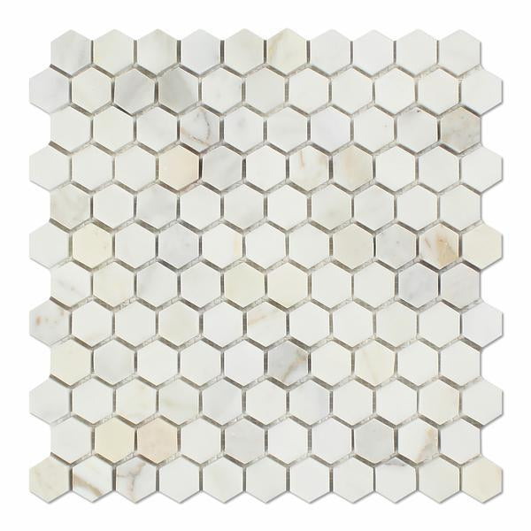 Flat view of Calacatta Gold 1" Hexagon Marble Mosaic, polished finish