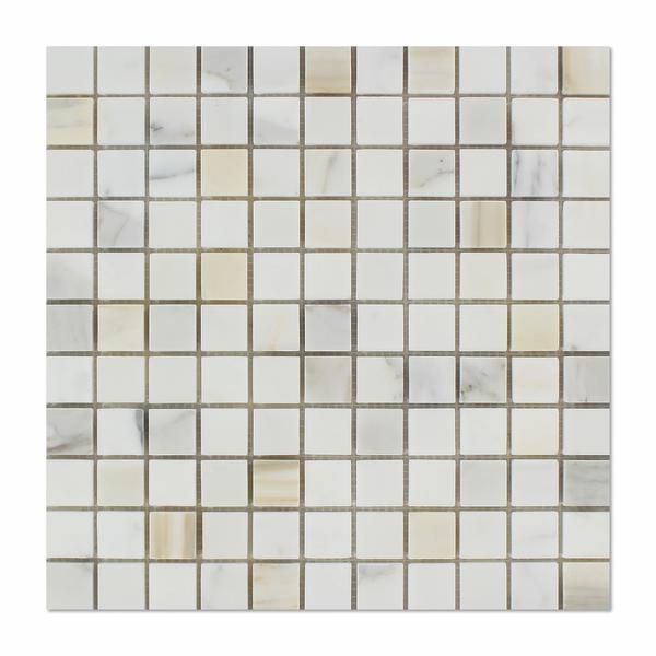 Close-up of Calacatta Gold 1x1 tile showing detailed veining and finish