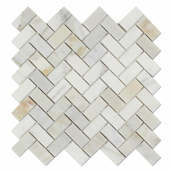 Flat view of Calacatta Gold Marble 1x2 Herringbone mosaic tile, polished finish