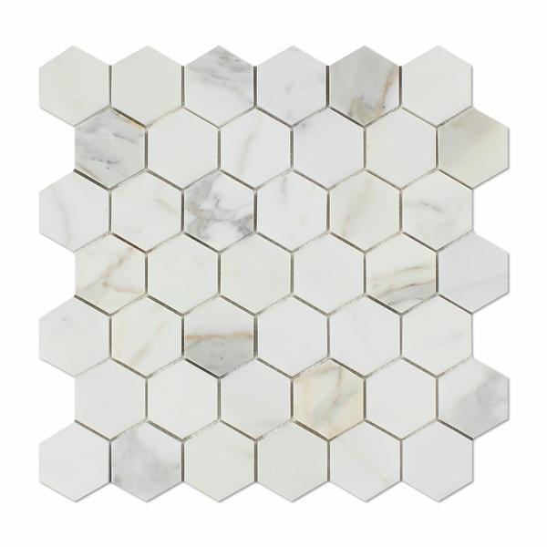 Flat view of Calacatta Gold Marble 2" Hexagon Mosaic Tile, polished finish