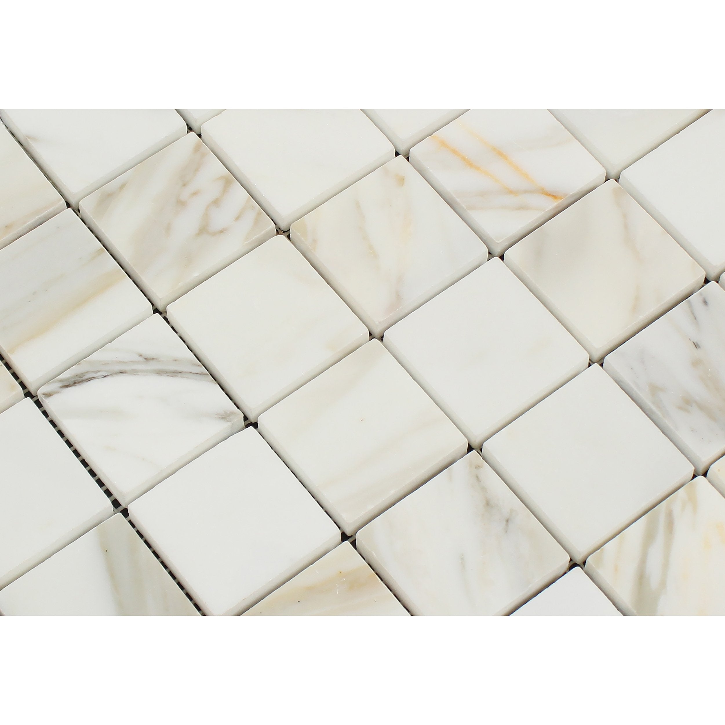 Close-up of Calacatta Gold 2x2 mosaic tile showing veining and surface texture