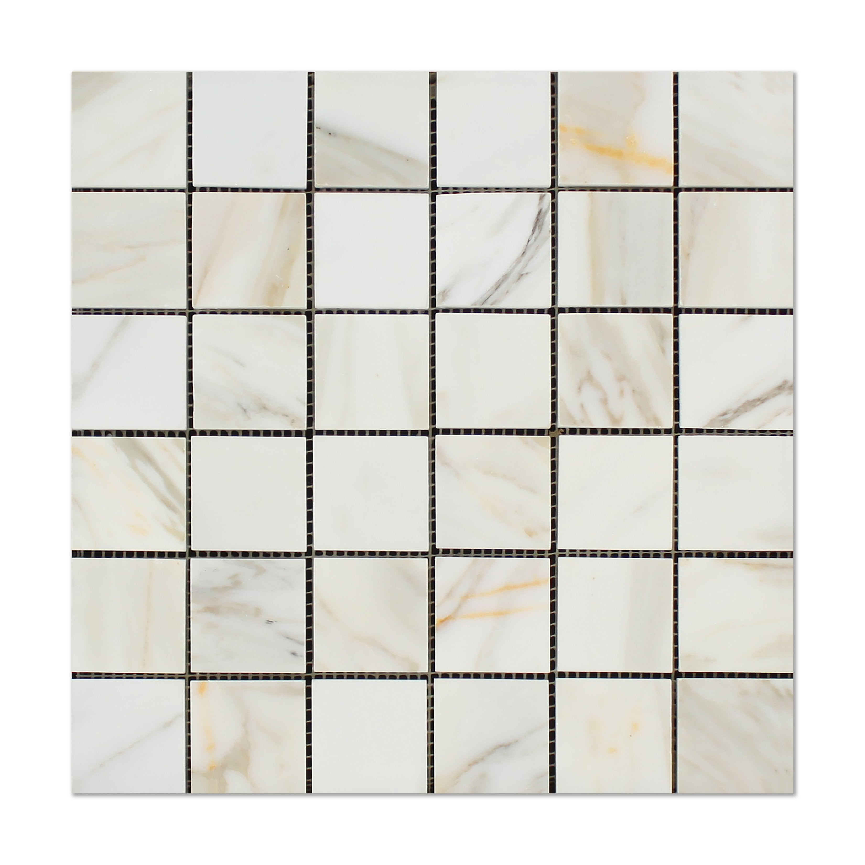 Flat view of Calacatta Gold Marble 2x2 Mosaic Tile on mesh, polished finish
