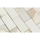 Close-up of Calacatta Gold 2x4 mosaic tile showing polished surface and veining