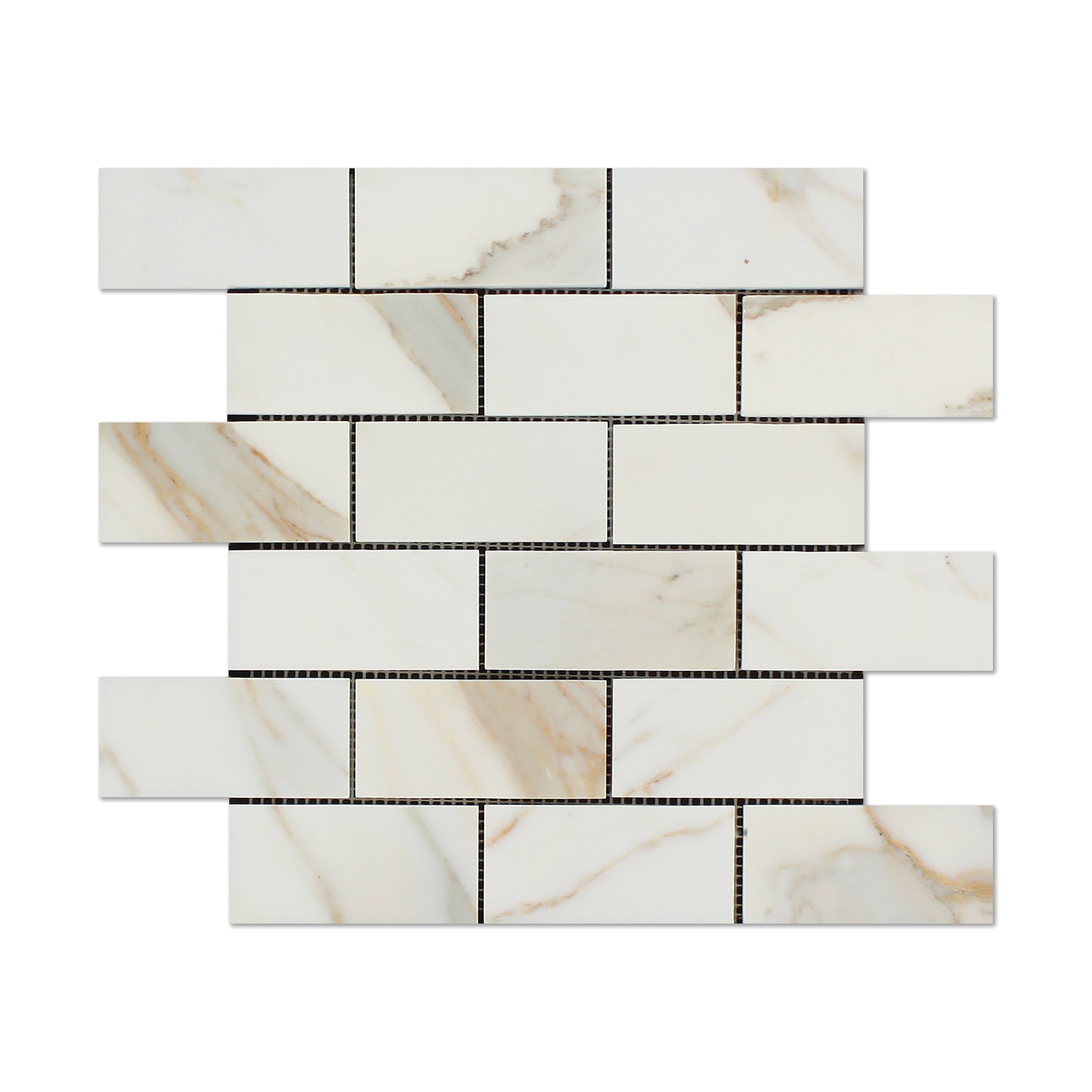 Flat view of Calacatta Gold Marble 2x4 Mosaic Tile on mesh, polished finish