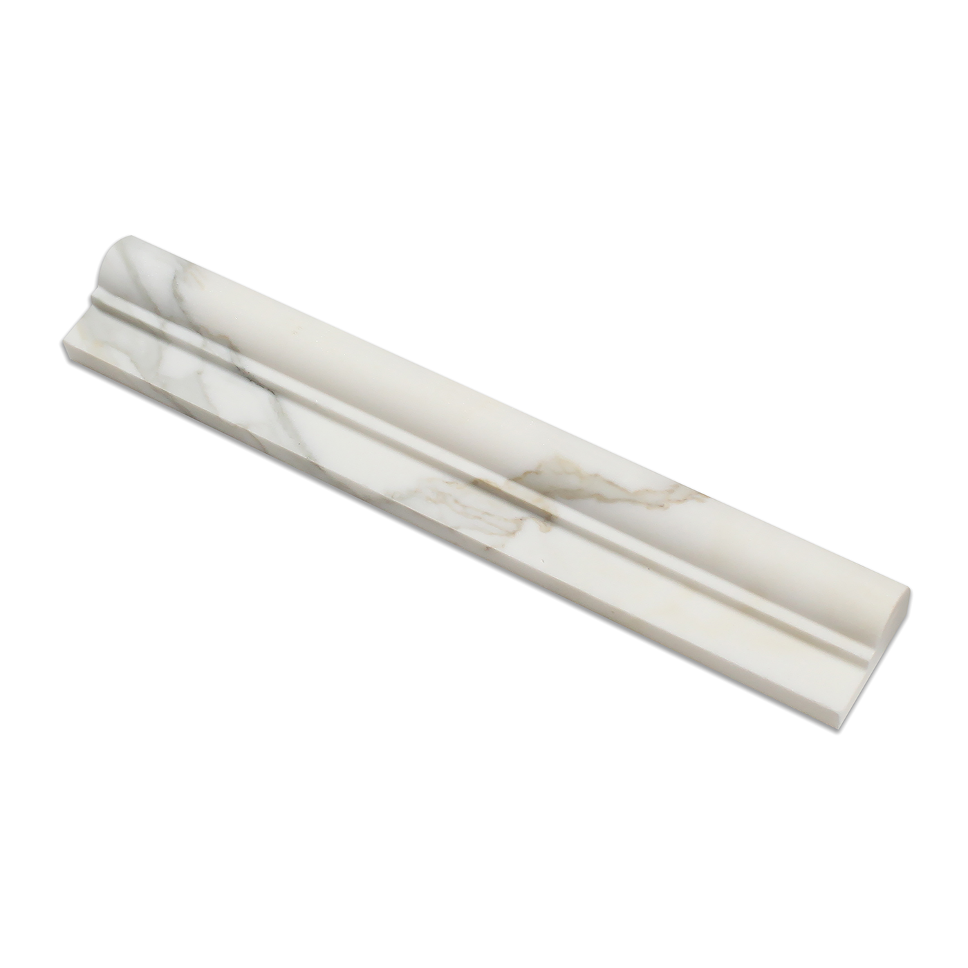 Close-up of polished surface and profile of Calacatta Gold chair rail