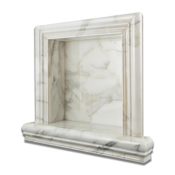 Close-up of veining detail on Calacatta Gold marble niche edge