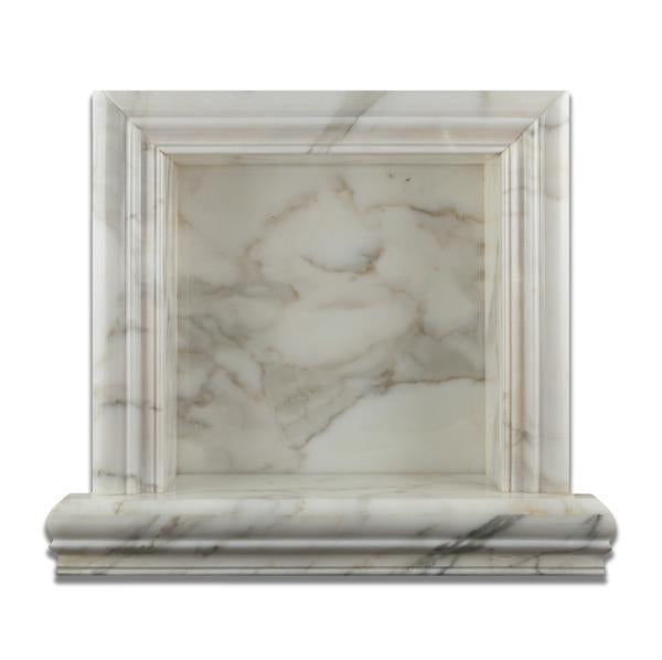 Flat view of Calacatta Gold marble shampoo niche with polished surface