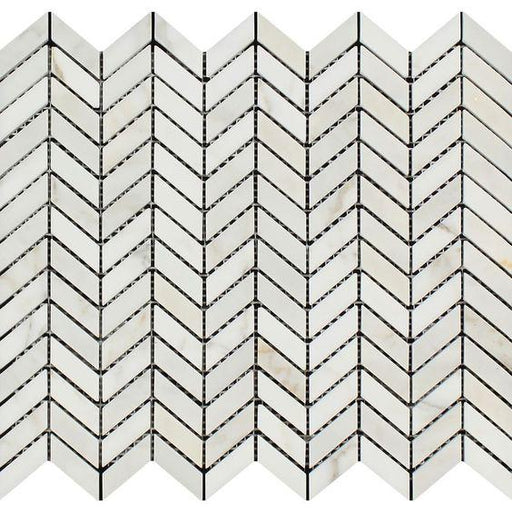Flat view of Calacatta Gold Mini Chevron mosaic in polished finish