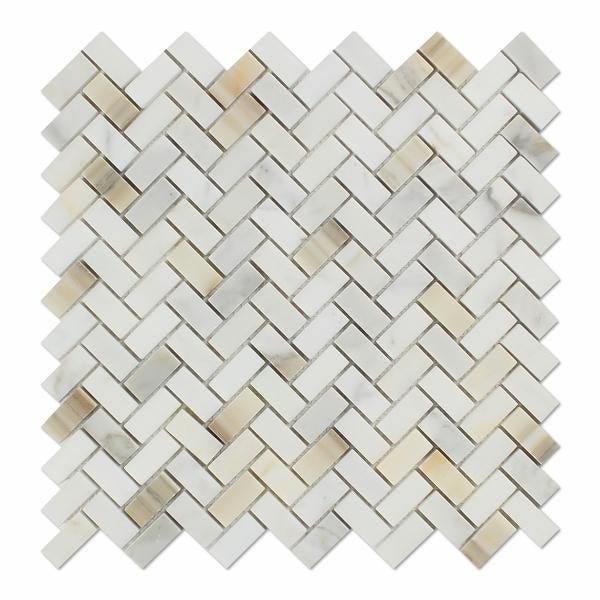 Flat view of Calacatta Gold Mini Herringbone mosaic in polished finish
