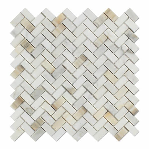 Flat view of Calacatta Gold Mini Herringbone mosaic in polished finish