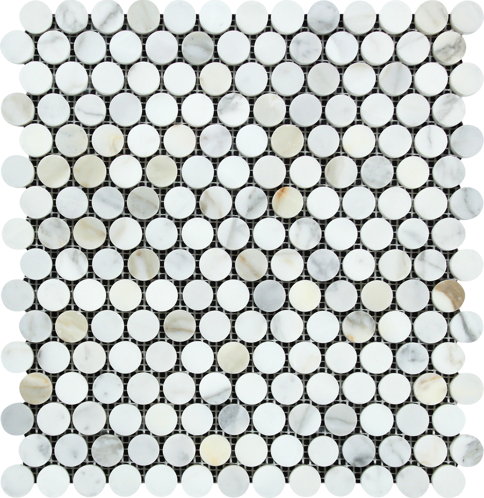 Flat view of Calacatta Gold Penny Round Mosaic Tile in 5/8" polished finish