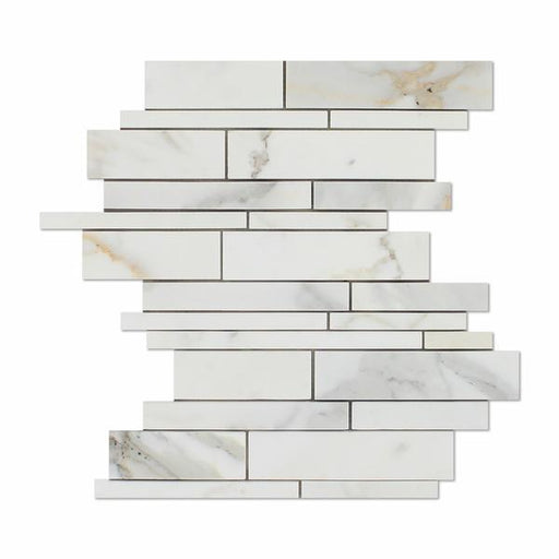 Flat view of Calacatta Gold Random Strip Marble Mosaic mounted on mesh sheet