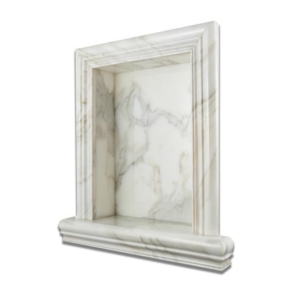Flat view of Calacatta Gold marble shampoo niche with polished finish
