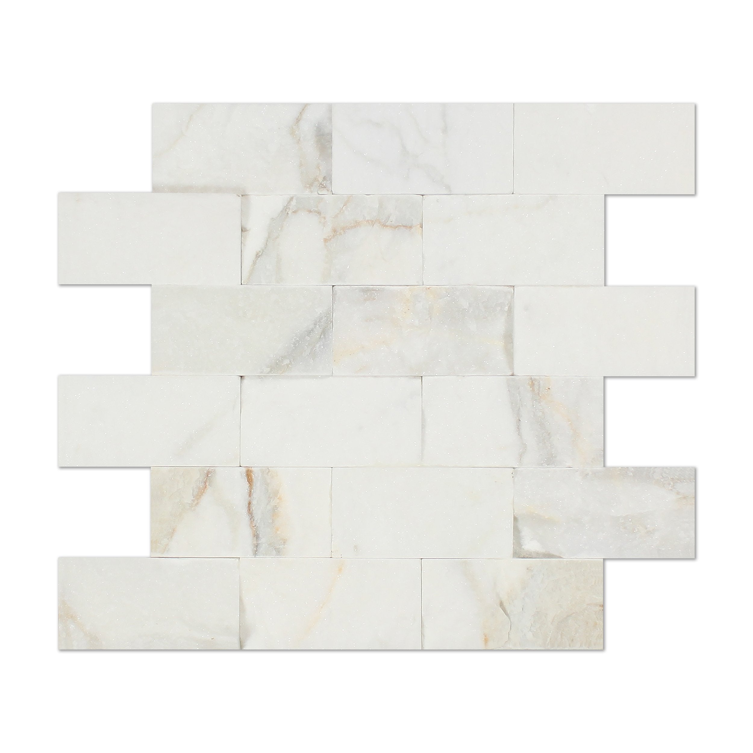 Flat view of Calacatta Gold 2"x4" Splitface Marble Mosaic on mesh sheet