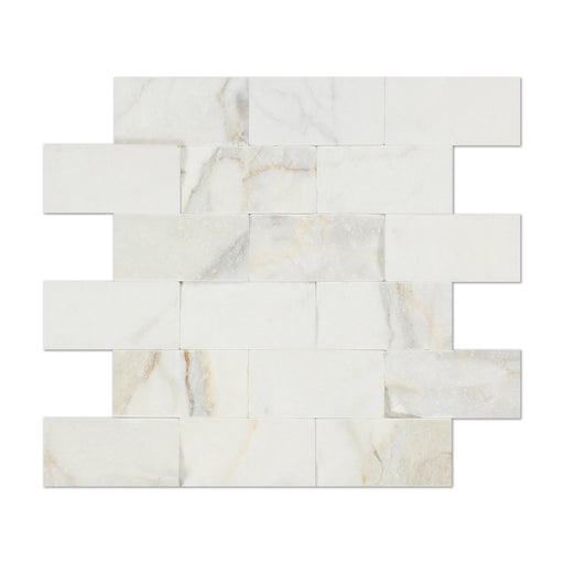 Flat view of Calacatta Gold 2"x4" Splitface Marble Mosaic on mesh sheet
