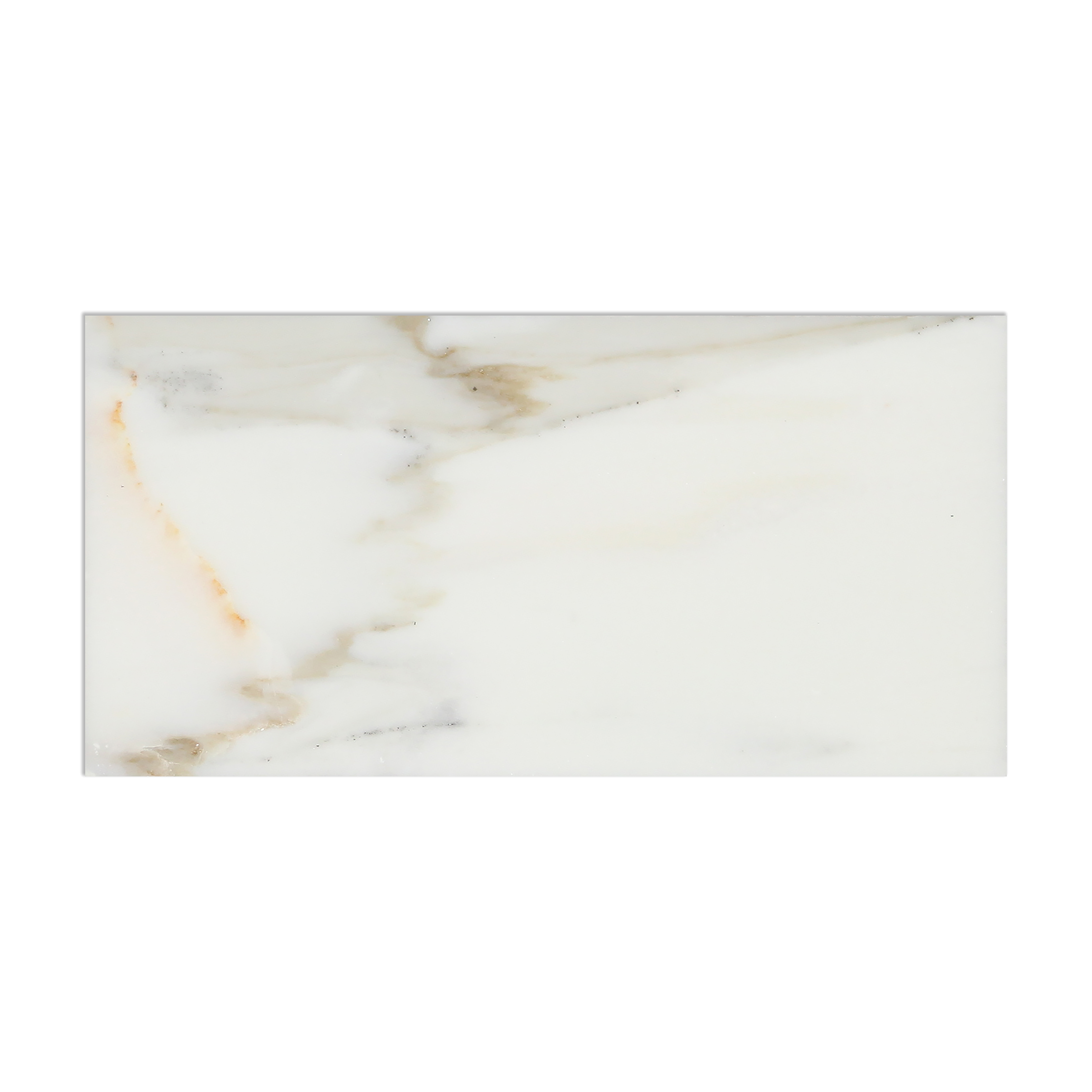 Close-up of Calacatta Gold 3x6 tile showing natural veining and polished surface